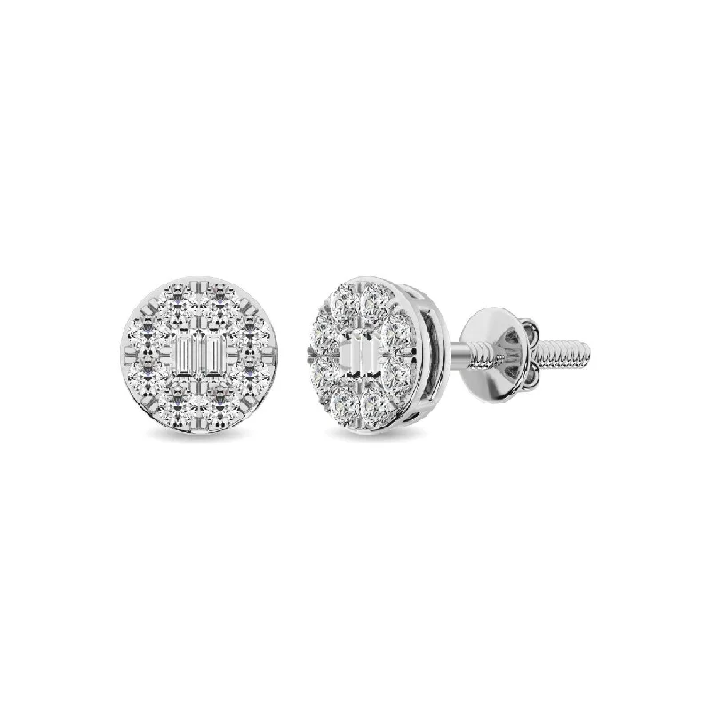 women's halo earrings -Diamond 1/3 Ct.Tw. Round and Baguette Fashion Earrings in 10K White Gold