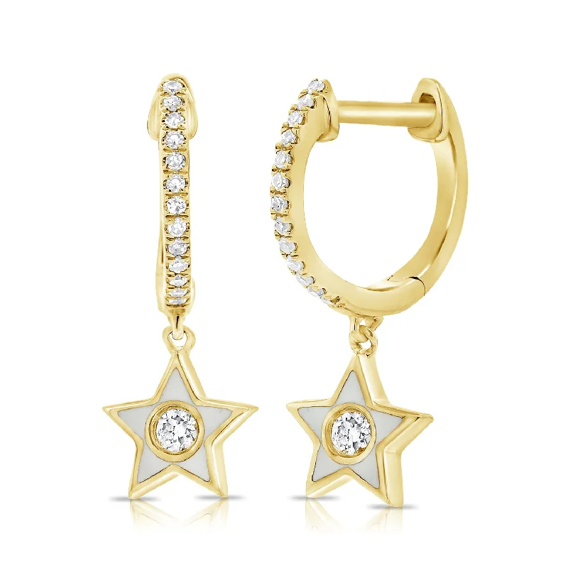 women's tribal earrings -White Enamel & Diamonds Huggie Earrings made in 14K Gold