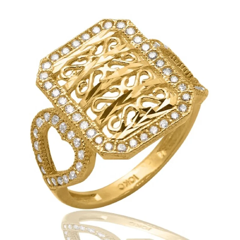 women's engagement ring with custom stone choice -10KT Yellow Gold Round Cubic Zirconia Filigree Ring