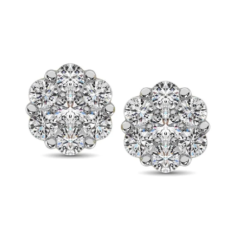 women's flower earrings -10K White Gold Diamond Flower Studs Earrings