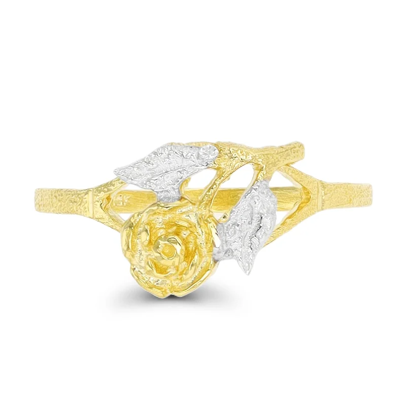 women's engagement ring with round diamond -10KT Yellow Gold With Rhodium Plating Flower Ring