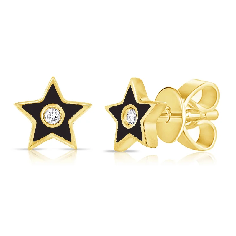 women's hammered gold earrings -Black Enamel Diamond Star Stud Earrings in 14K Gold