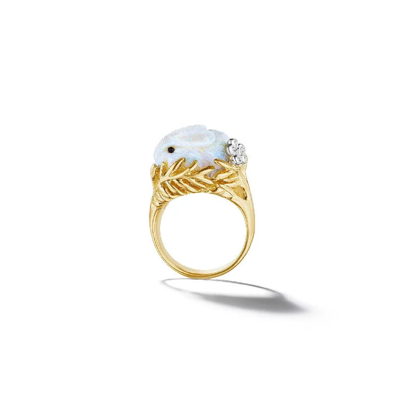 women's engagement ring with delicate band -Wonderland White Opal Bunny Ring