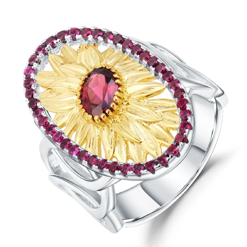 women's engagement ring with mixed metals -Lab Simulated Rhodolite Garnet Ruby Halo Sunflower Retro Ring in S925 Sterling Silver