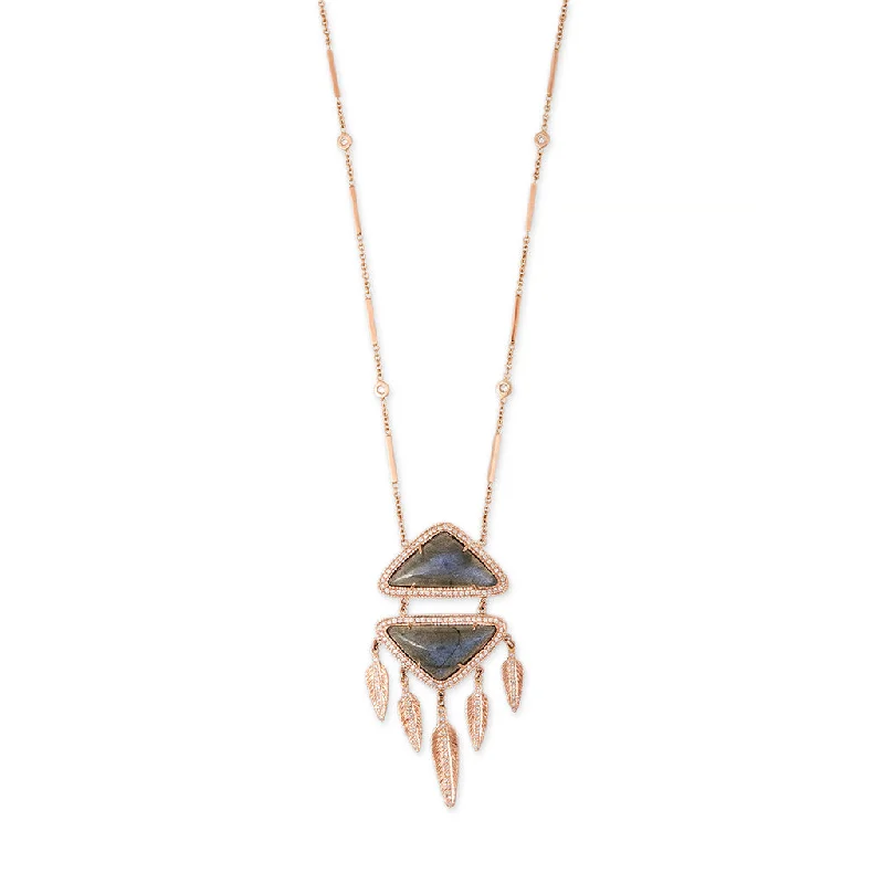 women's ball chain necklace -LABRADORITE PAVE DIAMOND DOUBLE TRIANGLE FEATHER SHAKER NECKLACE