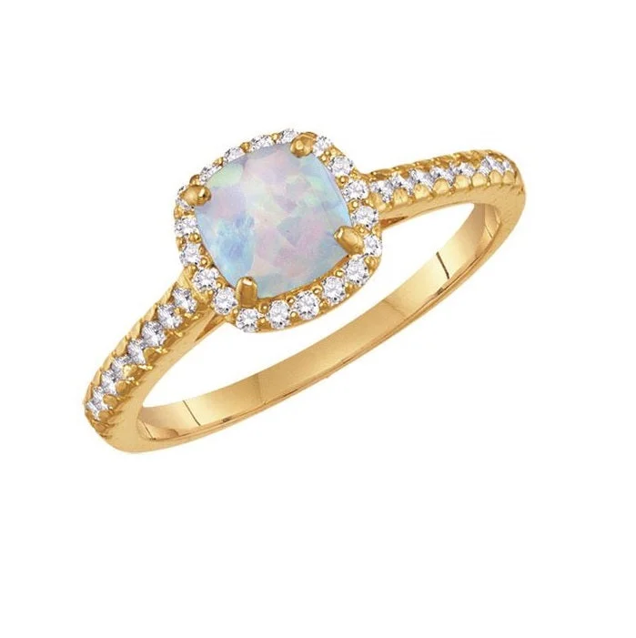 women's engagement ring with moissanite center -6MM Cushion Opal and White Sapphire Birthstone Ring in 10KT Yellow Gold