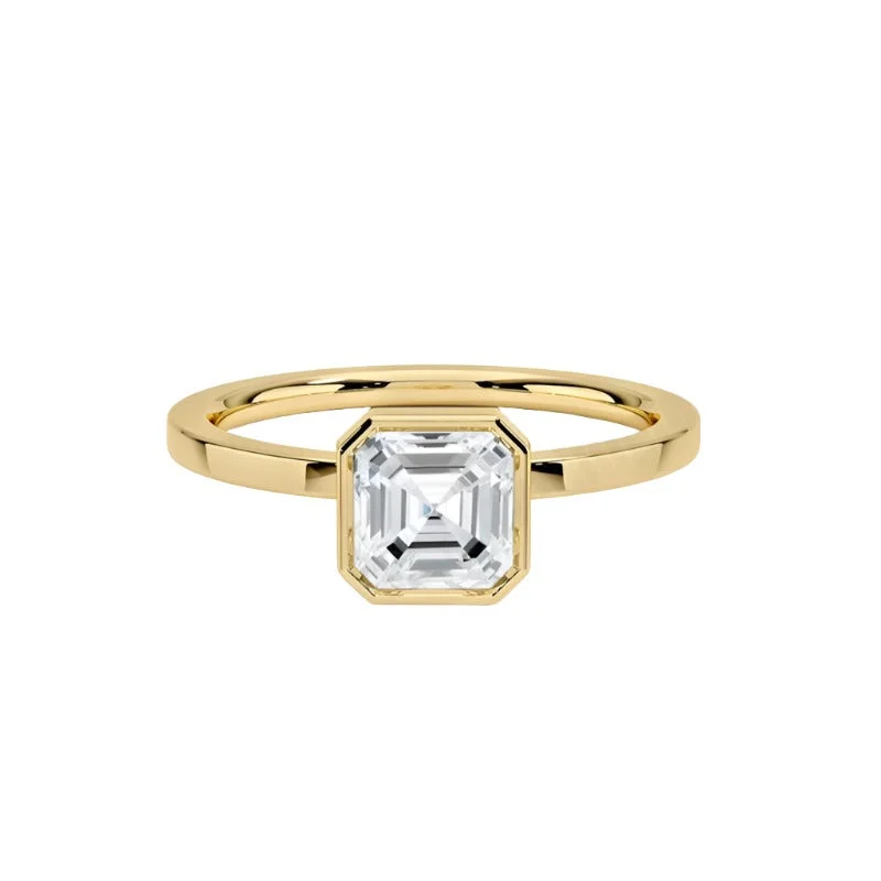 women's engagement ring with eternity setting -1 Carat Moissanite Asscher Cut Bezel Set Ring in 925 Sterling Silver Plated with 18K Gold