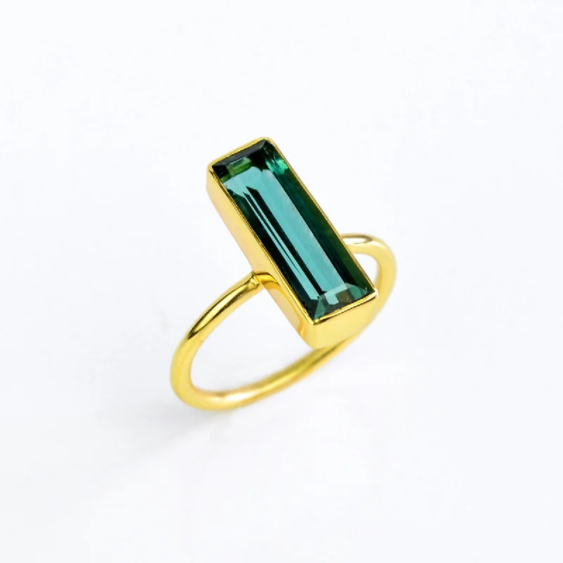 women's engagement ring with white gold -Green Tourmaline Bar Ring, Unique Geometric Ring