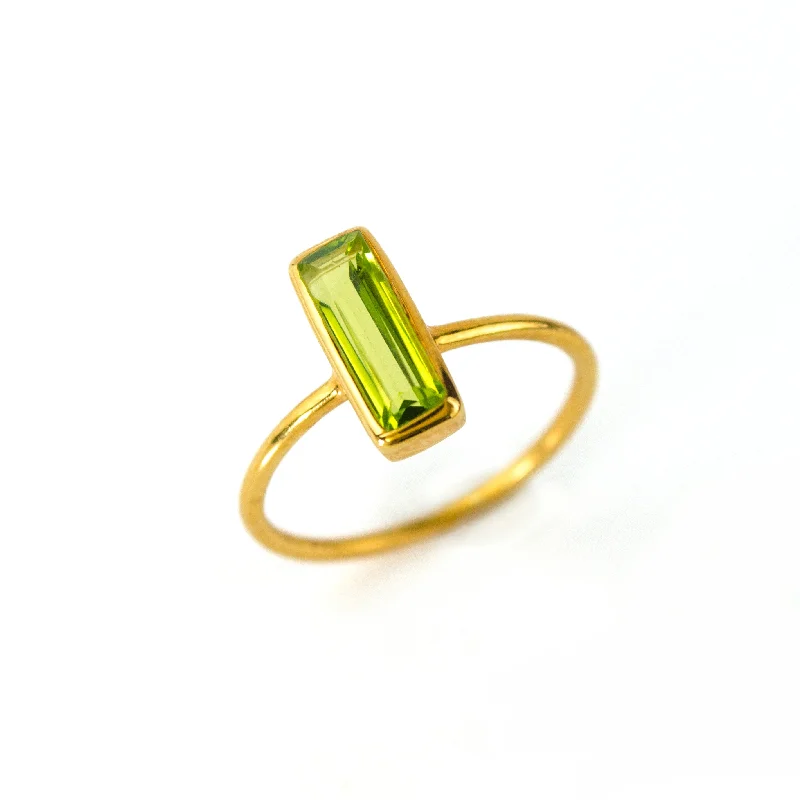 women's engagement ring with asymmetrical style -Tiny Peridot Bar Ring : August Birthstone