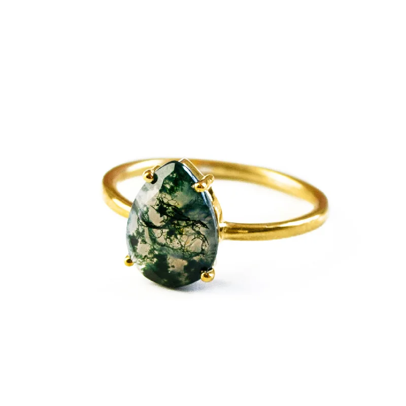 women's engagement ring with emerald-cut diamond -Moss Agate Teardrop Prong Set Ring • Virgo Birthstone