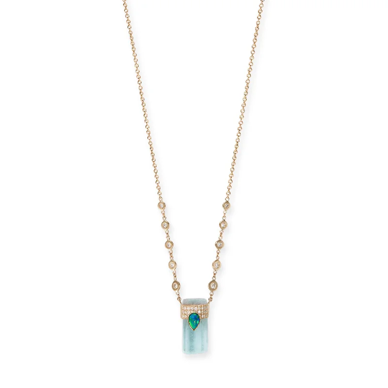 women's star necklace -PAVE OPAL TEARDROP CAP + AQUAMARINE CRYSTAL NECKLACE