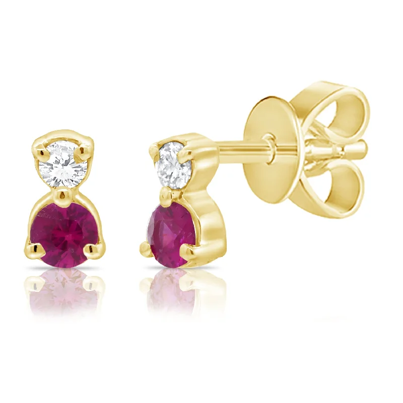 women's star earrings -Brilliant Cut Ruby & Diamond Stud Earrings in 14K Gold