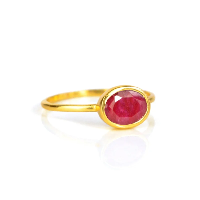 women's engagement ring with twist band -Small Oval Dyed Ruby Ring : July Birthstone