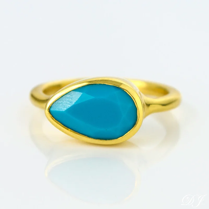 women's engagement ring with dual-tone band -Turquoise teardrop cut bezel set ring - December Birthstone