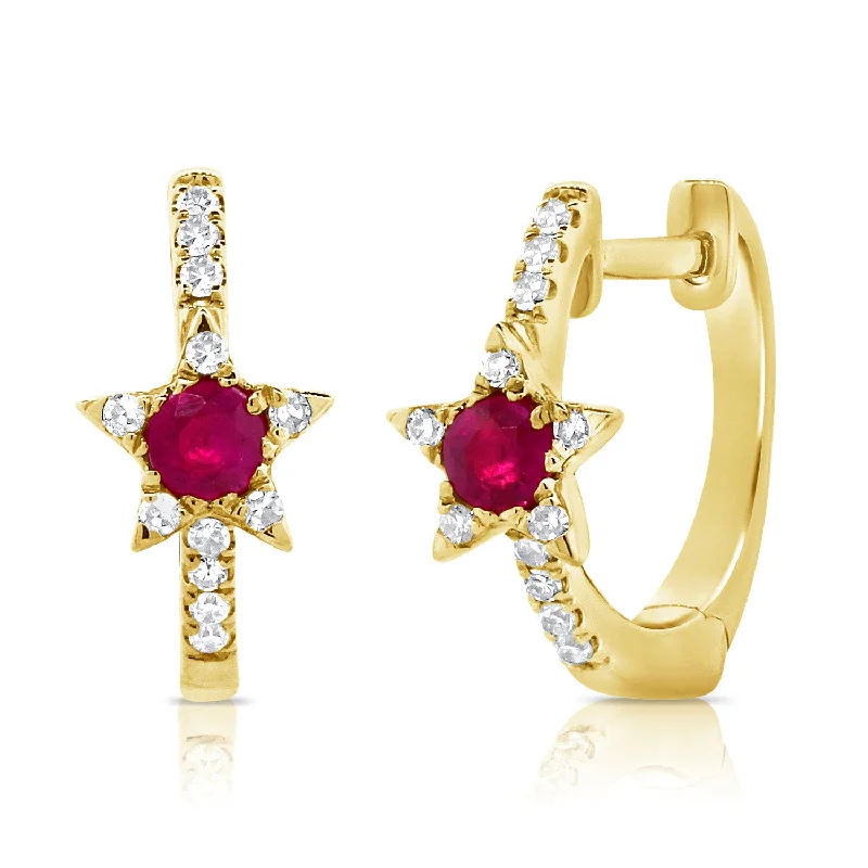 women's heart-shaped earrings -Ruby & Diamond Star Huggies