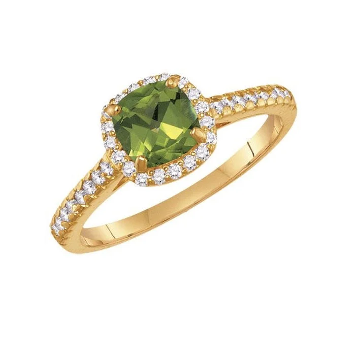 women's engagement ring with bold design -6MM Cushion Peridot and White Sapphire Birthstone Ring in 10KT Yellow Gold