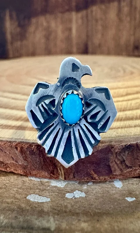 women's engagement ring with cathedral design -SMALL THUNDERBIRD Running Bear Navajo Turquoise and Sterling Silver Ring • Multiple Sizes