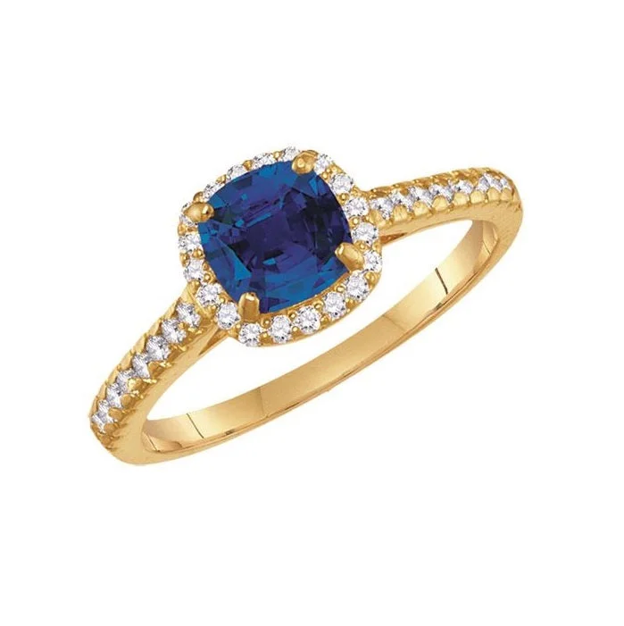 women's engagement ring with black gold band -6MM Cushion Blue Sapphire and White Sapphire Birthstone Ring in 10KT Yellow Gold