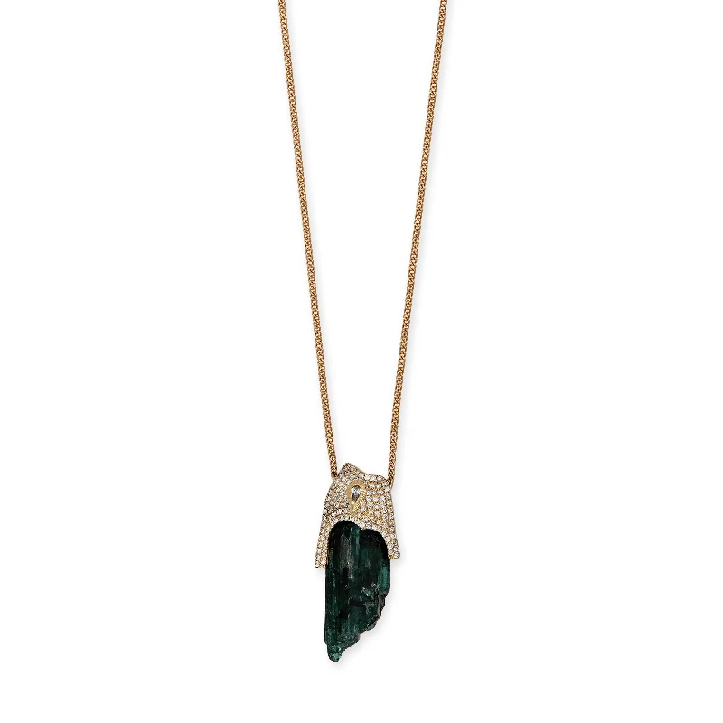 women's crystal drop necklace -TEARDROP DIAMOND PAVE CAP + RAW GREEN TOURMALINE CRYSTAL NECKLACE