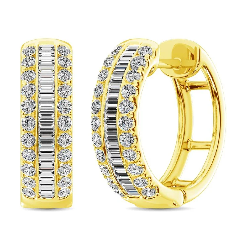 women's halo earrings -14K Yellow Gold Round and Baguette Diamond 1/2 Ct.Tw. Hoop Earrings