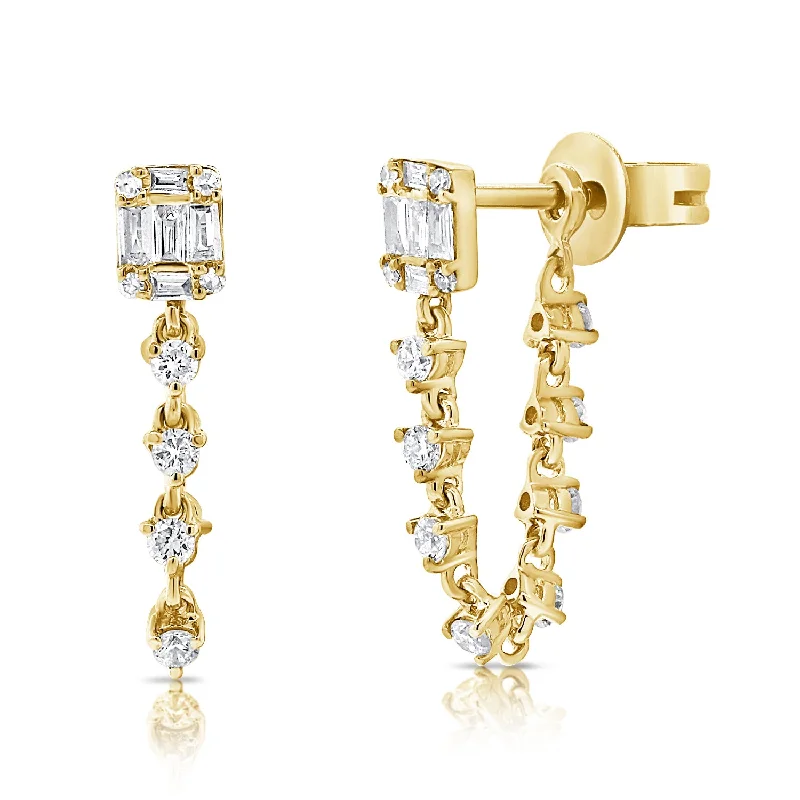 women's abstract earrings -Elegant Diamond and Baguette Drop Earrings in 14K Gold