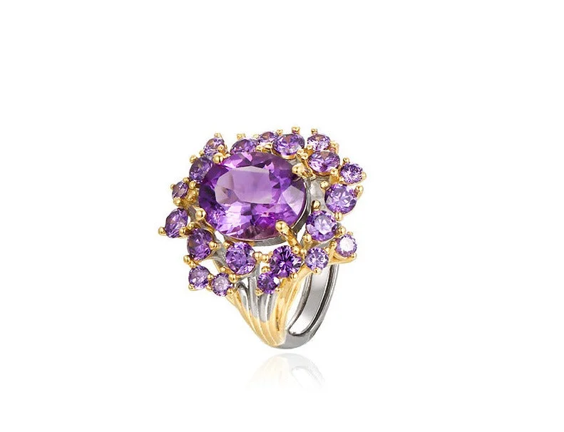 women's engagement ring with dual-tone band -Lab Created Amethyst Ring in 925 Sterling Silver