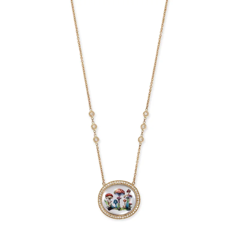 women's silver chain necklace -HAND PAINTED MUSHROOM GARDEN ON MOTHER OF PEARL NECKLACE