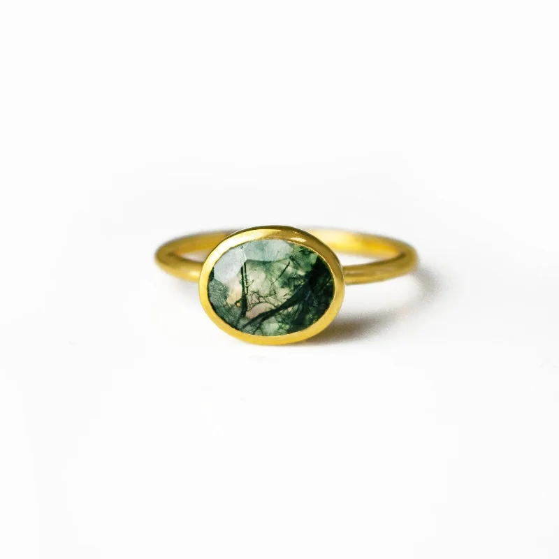 women's engagement ring with side diamond accents -Natural Moss Agate Oval Bezel Ring