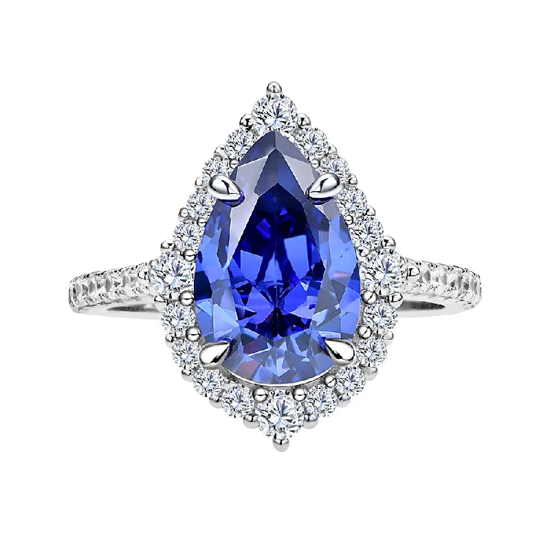 women's engagement ring with emerald-cut diamond -Tanzanite Pear Shaped Halo Ring | S925