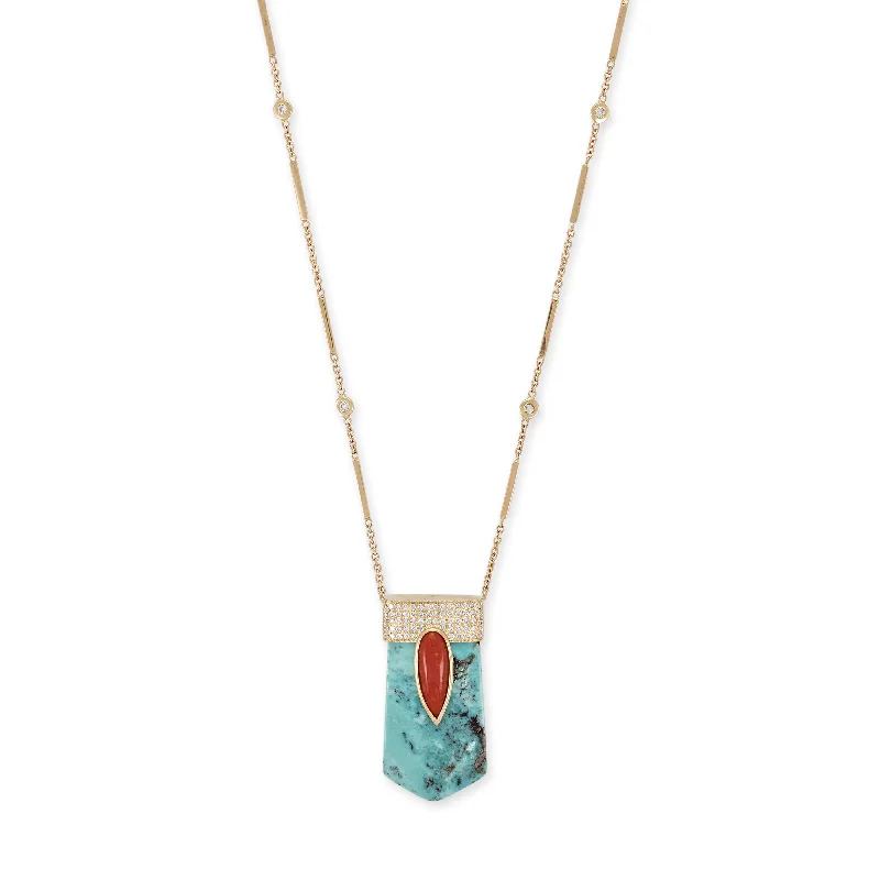 women's butterfly necklace -PAVE CORAL TEARDROP CAP + TURQUOISE CRYSTAL NECKLACE