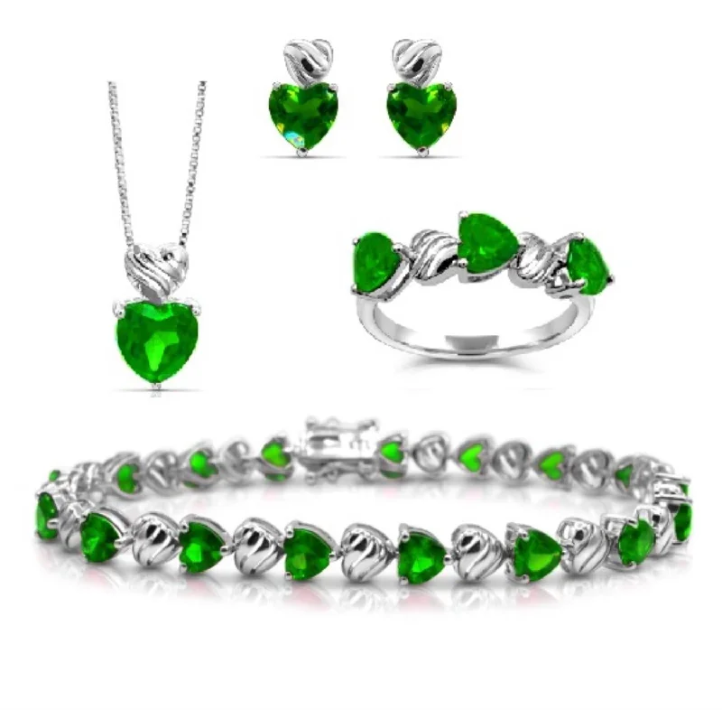 women's engagement ring with cathedral design -Simulated Emerald and Sterling Silver Ring Pendant Earrigns Bracelet Set