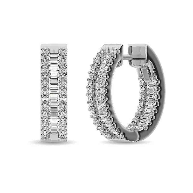 women's multi-stone earrings -Diamond Round and Baguette Hoop Earrings in 14K White Gold