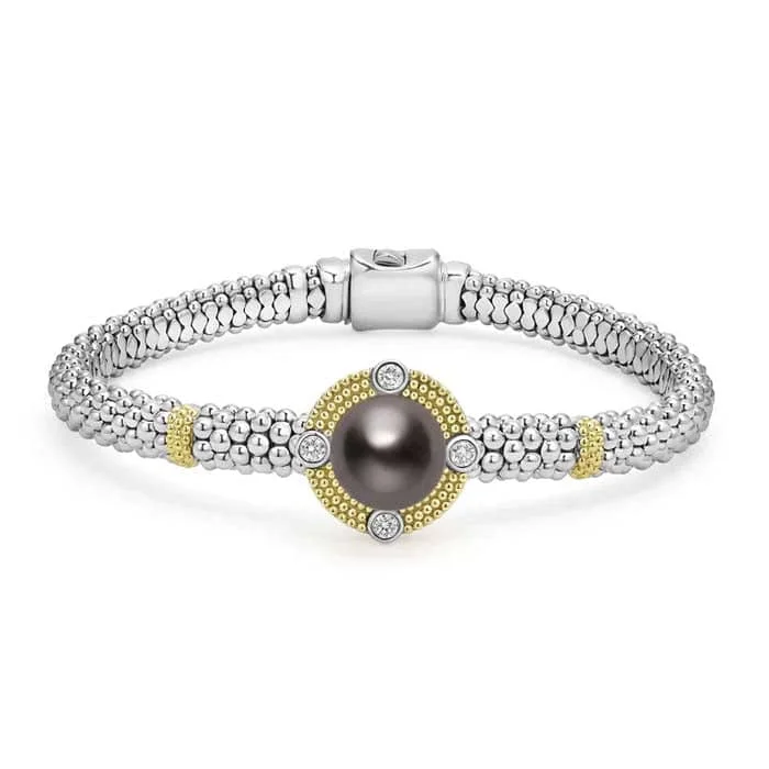 women's small cuff bracelet -LAGOS Tahitian Black Pearl and Diamond Bracelet in Sterling SIlver and 18K Yellow Gold