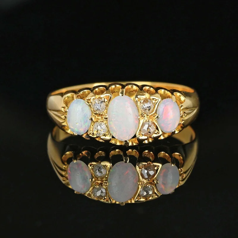 antique engagement rings -Fine 18K Gold Rose Cut Diamond Three Stone Opal Ring Band