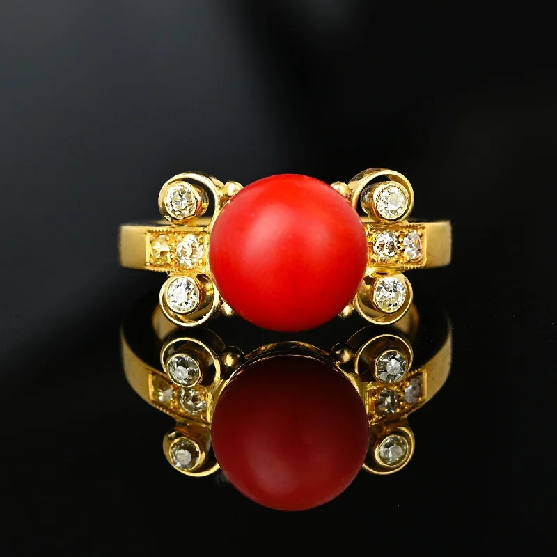 gold sapphire engagement rings -18K Gold Diamond Large Red Orange Mediterranean Coral Ring