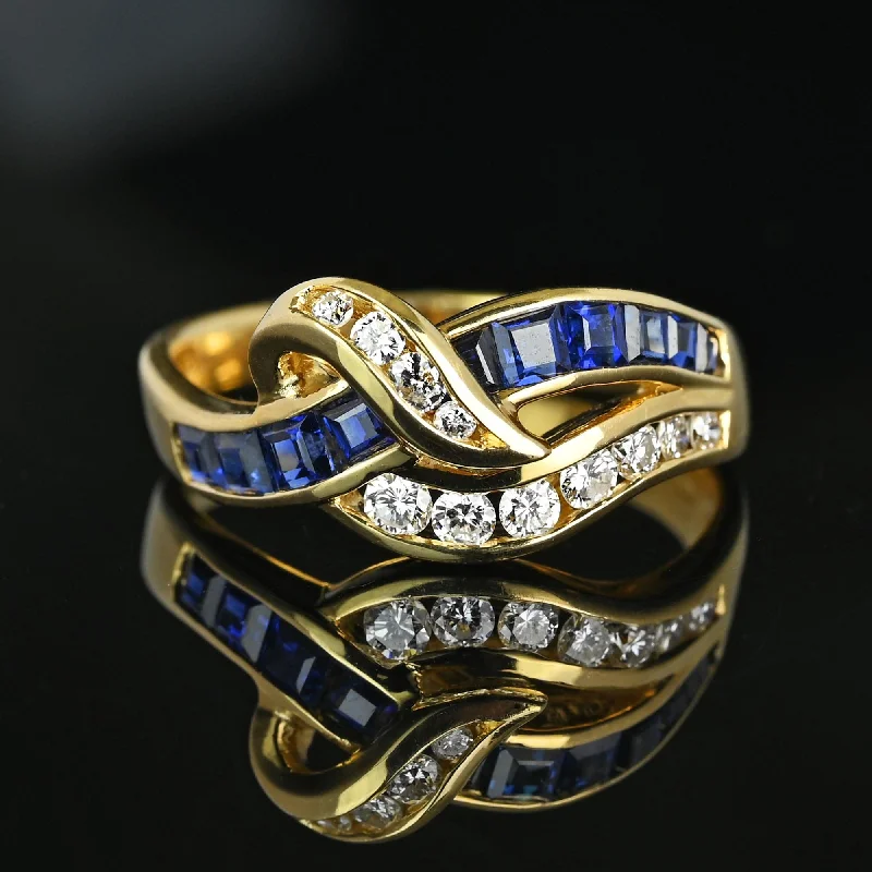 yellow gold engagement rings -Vintage 14K Gold Ribbon Style Diamond Sapphire Ring