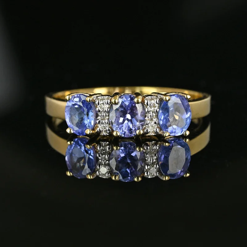 gemstone engagement rings -Vintage 14K Gold Three Stone Diamond Tanzanite Ring