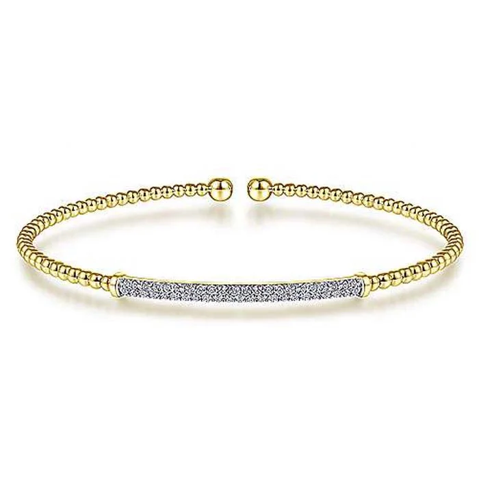 women's double wrap bracelet -Gabriel & Co. Bujukan Diamond Bar Open Cuff Bangle Bracelet in 14K Yellow Gold