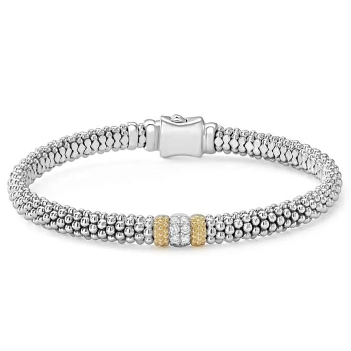 women's sapphire bracelet -LAGOS .20tw Caviar Lux 6mm Beaded Bracelet with one Pave Diamond Station in Sterling Silver and 18kt Yellow Gold Size M