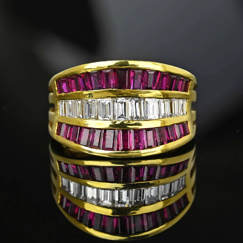 classic diamond engagement rings -Impressive 18K Gold Baguette Diamond & Ruby Ring Band