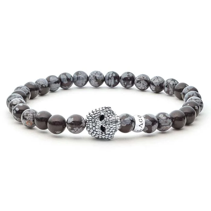 women's star bracelet -LAGOS Anthem Snowflake Obsidian Skull Bracelet in Sterling Silver - Size M