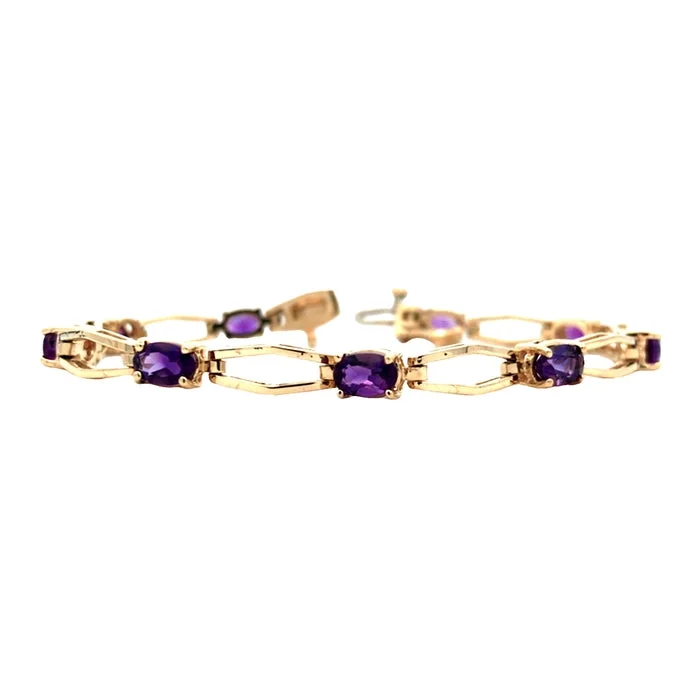 women's silver bracelet -Estate 7" Oval Amethyst Link Bracelet in 14K Yellow Gold