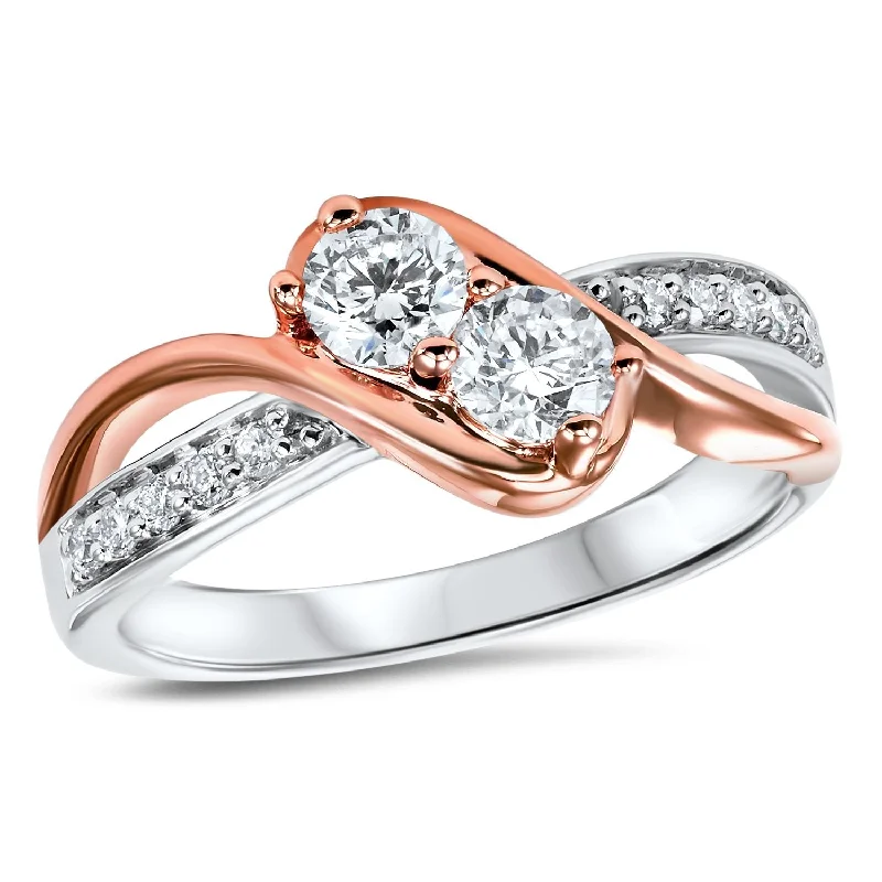 sapphire halo engagement rings -14K Rose Gold Diamond Two Stone Ring 1/2 ct