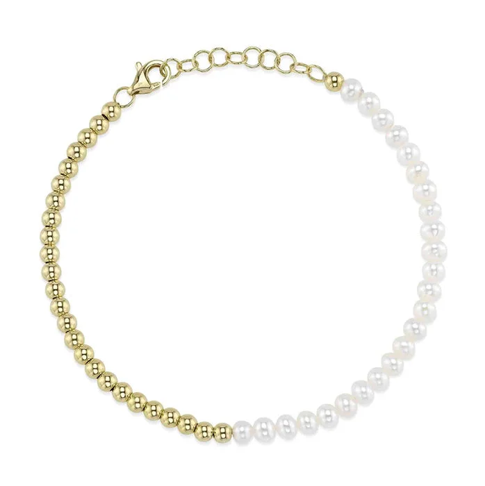 women's intricate bracelet -Shy Creation Cultured Pearl and Gold Bead Bracelet in 14K Yellow Gold