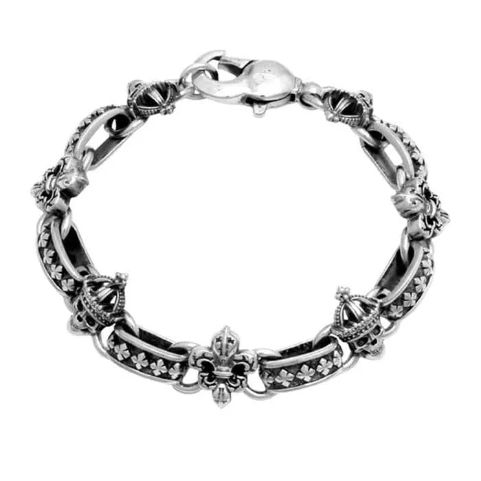 women's twisted bracelet -King Baby Skull and Fleur- De- Lis Light Link Bracelet in Sterling Silver