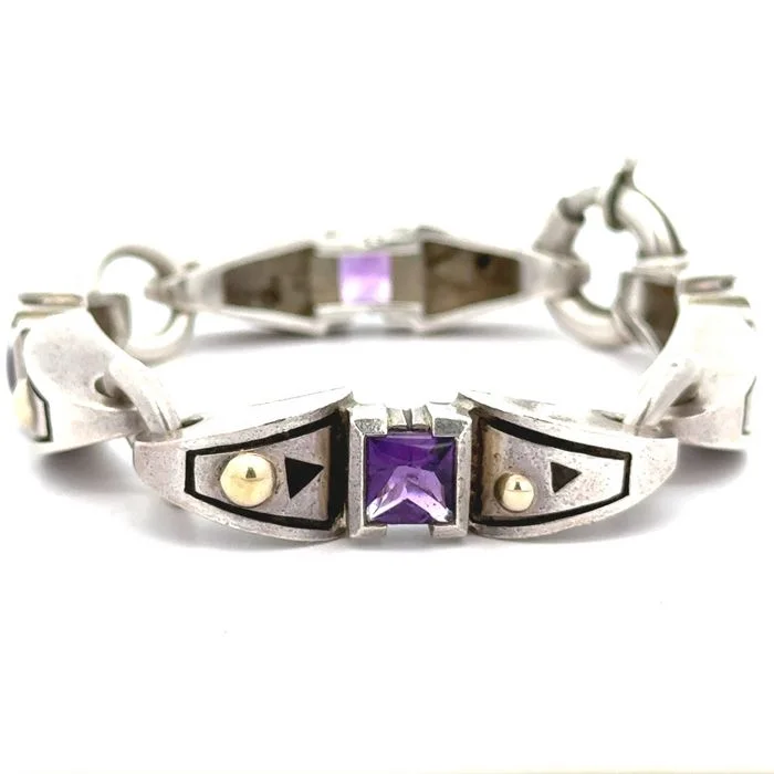 women's adjustable bracelet -Estate John Atencio Amethyst Bar Link Bracelet in Sterling Silver and 18K Yellow Gold