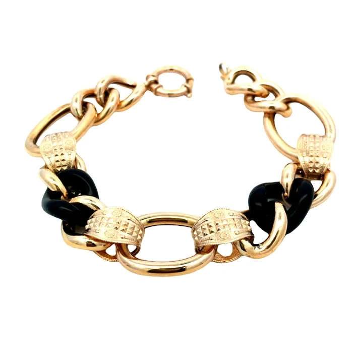 women's bangle bracelet -Estate 7" Chunky Hollow Link Bracelet with 2 Onyx Links in 14K Yellow Gold