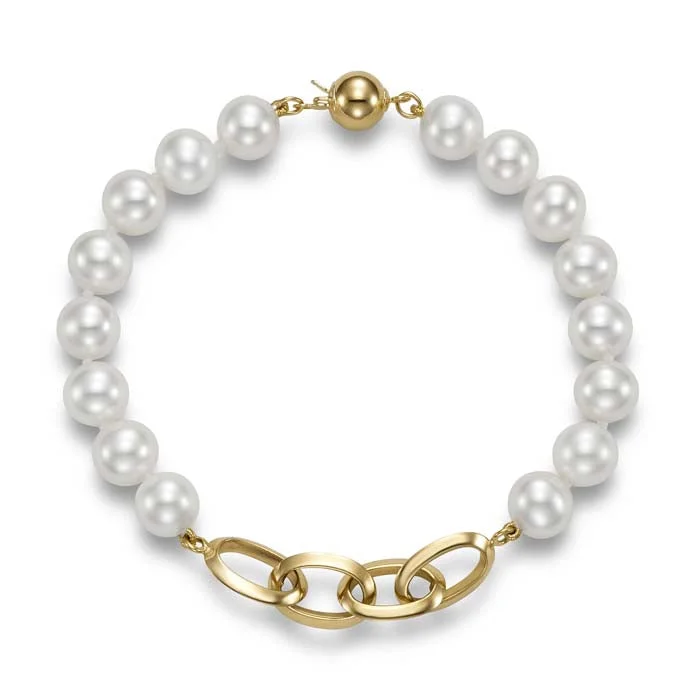 women's silver bracelet -Mastoloni 7" 7.5-8mm Freshwater Cultured Pearl "Link" Bracelet in 14K Yellow Gold