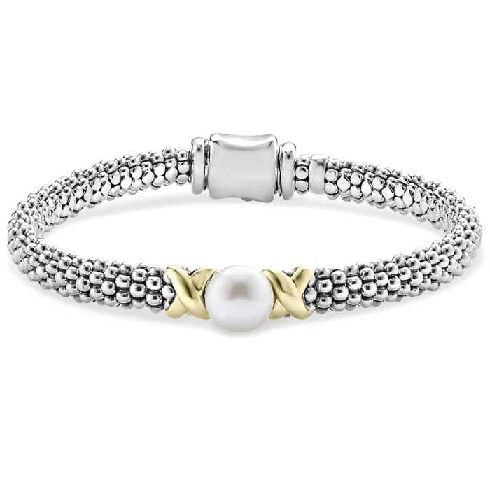 women's stacking bangles -LAGOS Luna Pearl Bracelet in Sterling Silver and 18K Yellow Gold - Size Medium (7)