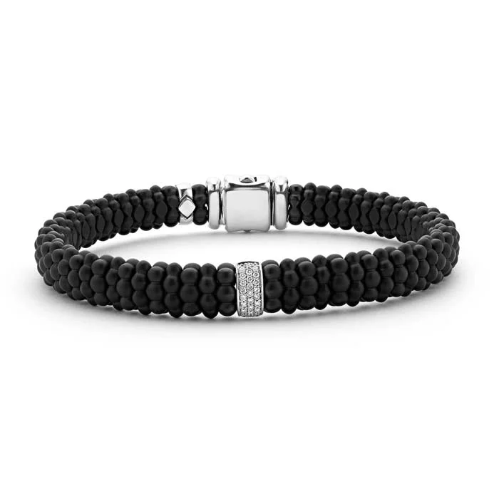 women's thin bracelet -LAGOS Matte Black Ceramic Caviar Single Station Diamond Bracelet in Sterling Silver